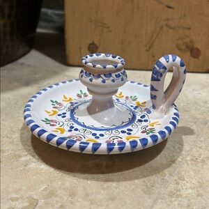 vintage Seville pottery chamber candle holder w/ finger loop